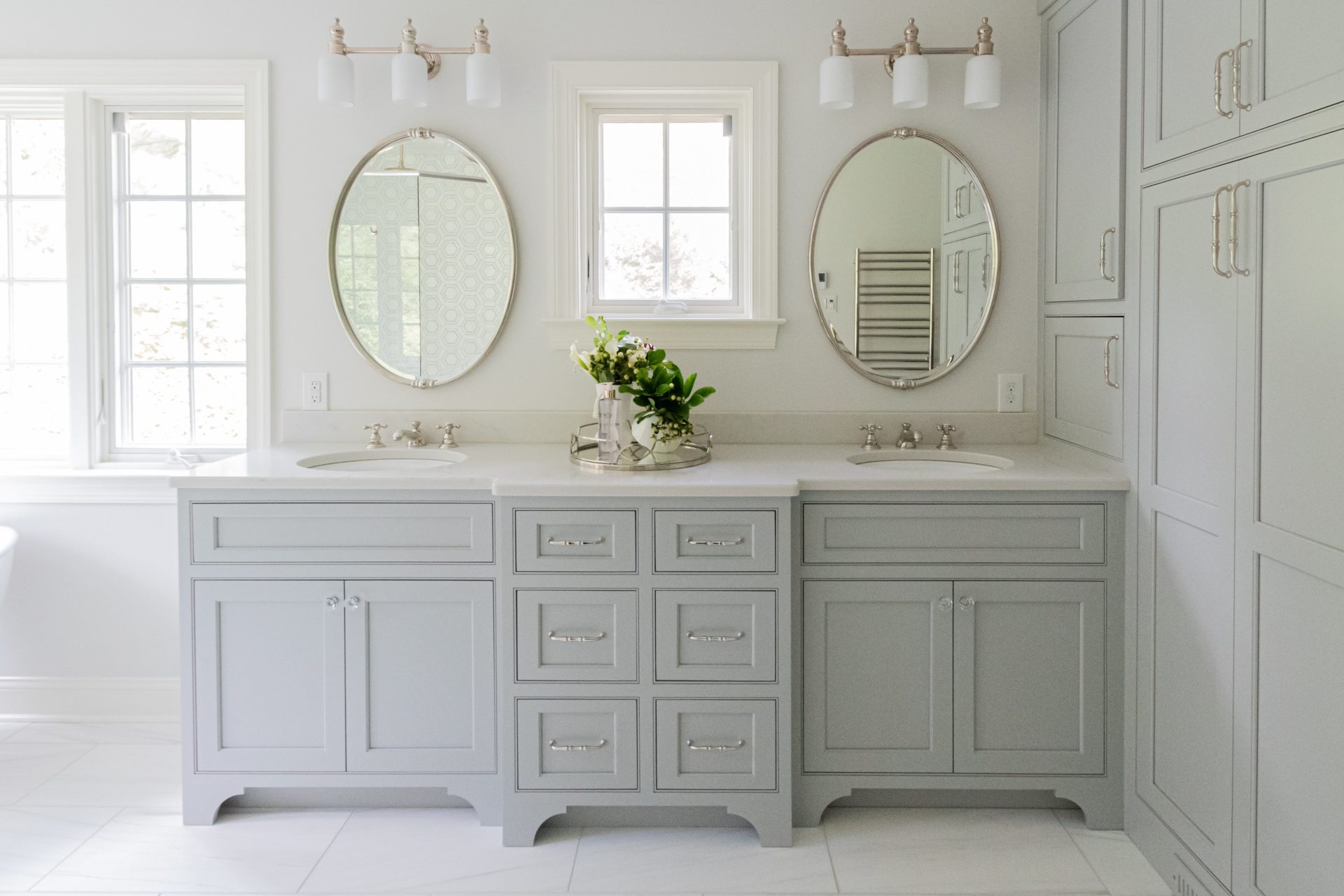 Traditionally designed master bathroom vanity.