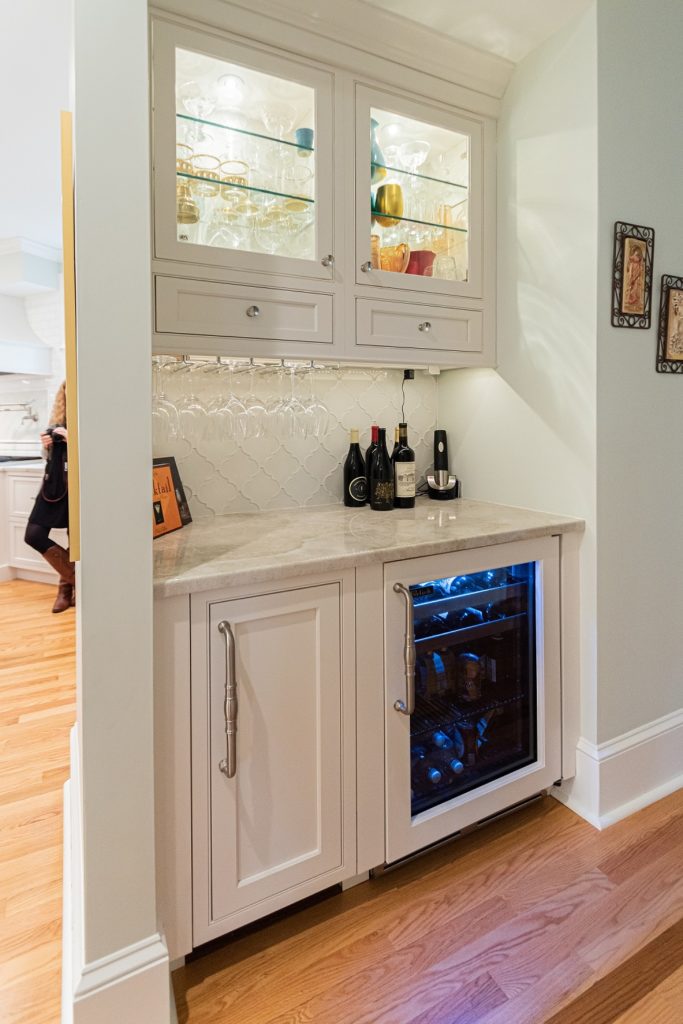 airy transitional kitchen custom wet bar drink chiller ice drawer storage